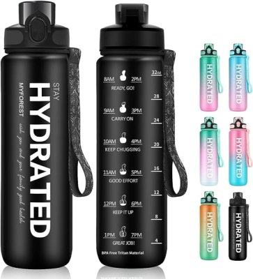Botella MYFOREST con citas motivacionales y marcador de Tiempo - Sin BPA, Prueba de Fugas, 1L - Perfecta para mantener la constancia de tu hidratación