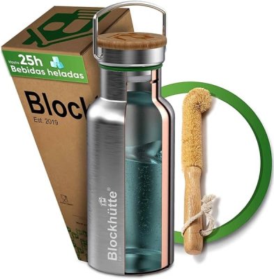 Botella Isotérmica Blockhuette de 1 litro con Cepillo de Cerdas Naturales - Resistente a Fugas, Apta para Lavavajillas - Ideal para Deportes y Ocio