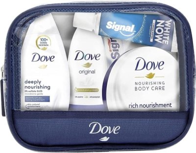 Neceser Mini Transparente de Viaje Dove para Mujer: Gel de Ducha Hidratación Profunda 55 ml, Desodorante Roll On 50 ml, Crema Hidratante 75 ml, Pasta de Dientes Signal White Now y Cepillo de Dientes Signal – ¡Todo lo que necesitas para mantenerte fresca y radiante en tus aventuras!